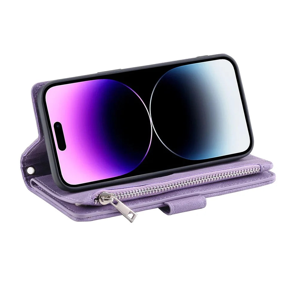 Style 005 For iPhone 16 Pro Zipper Wallet Case Rhombus Stitching Line PU Leather Phone Cover - Purple - 3