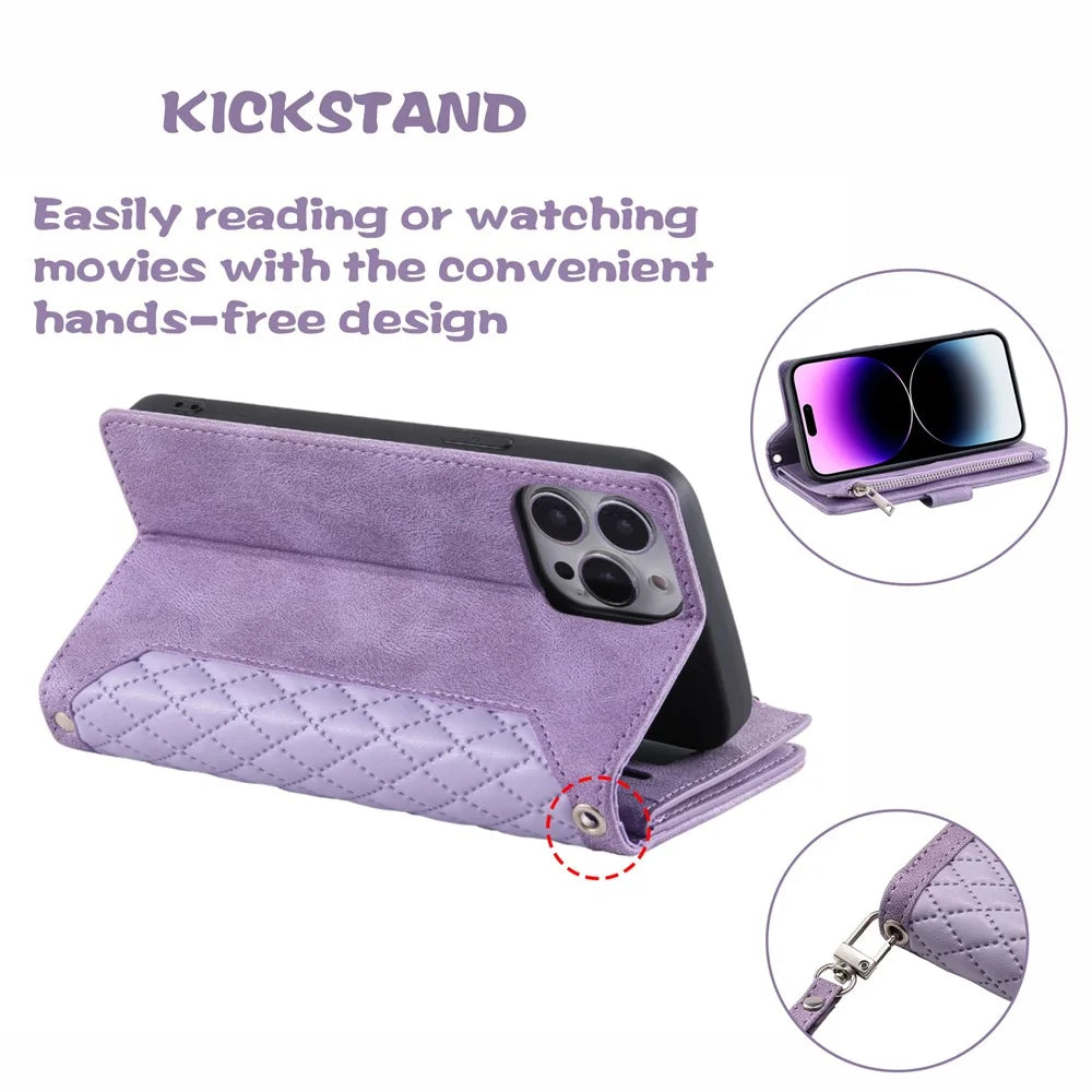 Style 005 For iPhone 16 Pro Zipper Wallet Case Rhombus Stitching Line PU Leather Phone Cover - Purple - 4