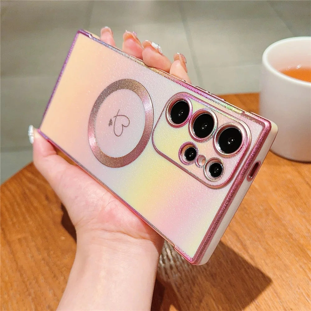 For Samsung Galaxy S24 Ultra Magnetic Case Side Love Heart Iridescent TPU Phone Cover Electroplating  - Colorful Pink - 3