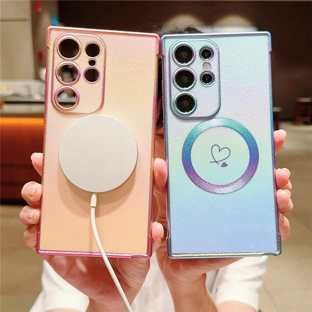 For Samsung Galaxy S24 Ultra Magnetic Case Side Love Heart Iridescent TPU Phone Cover Electroplating  - Colorful Pink - 4