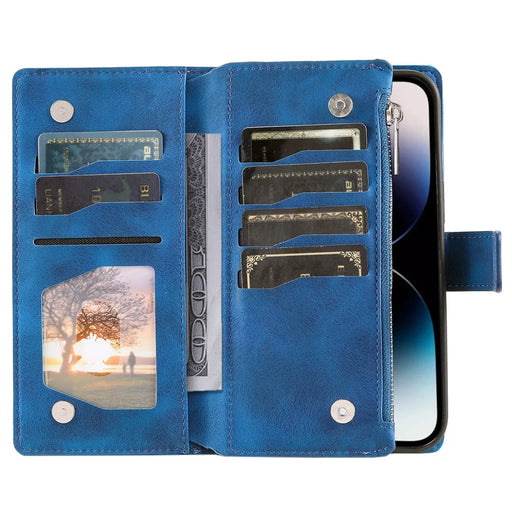 006 For iPhone 16 Pro Max Case PU Leather Zipper Phone Cover Mandala Flower Pattern - Blue - 2