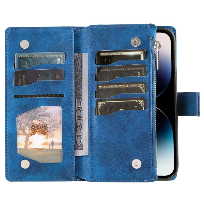 006 For iPhone 16 Pro Max Case PU Leather Zipper Phone Cover Mandala Flower Pattern - Blue - 2