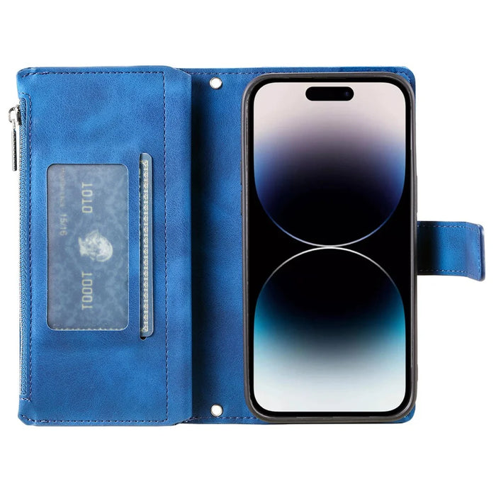 006 For iPhone 16 Pro Max Case PU Leather Zipper Phone Cover Mandala Flower Pattern - Blue - 3