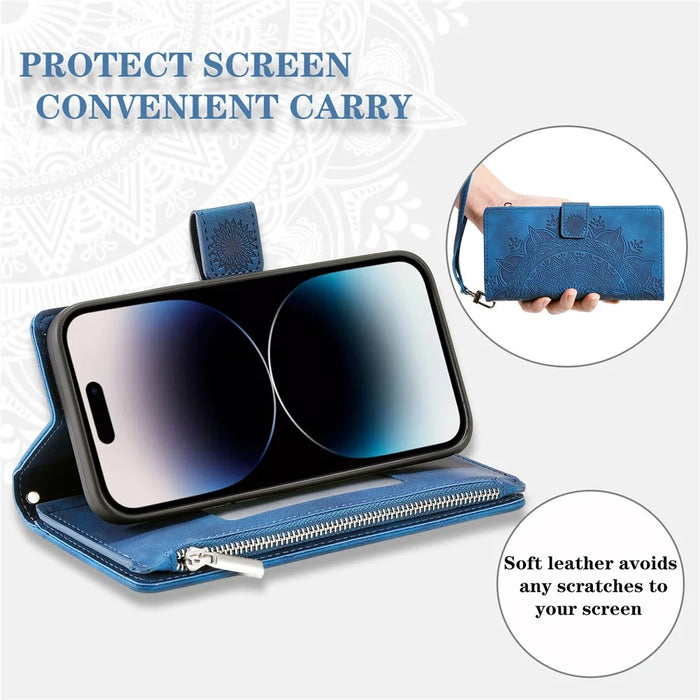006 For iPhone 16 Pro Max Case PU Leather Zipper Phone Cover Mandala Flower Pattern - Blue - 5