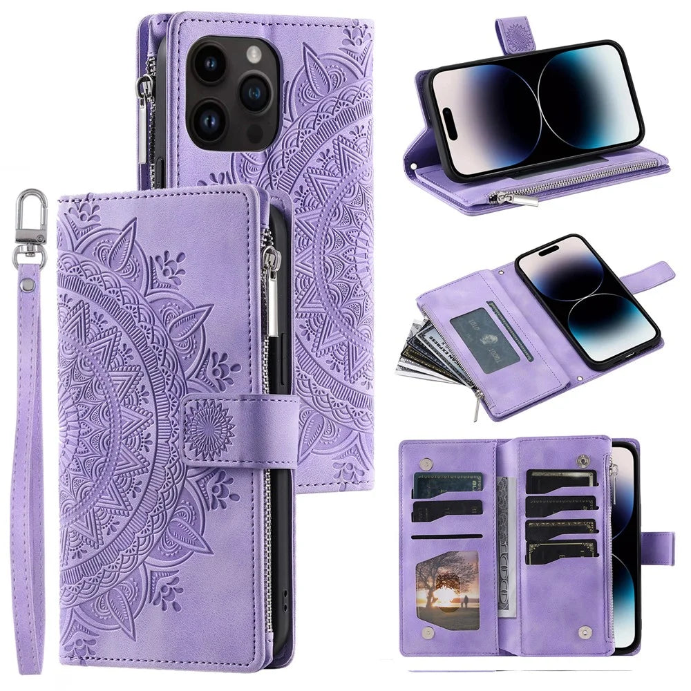 006 For iPhone 16 Pro Case Mandala Flower Zipper Pocket Leather Phone Cover - Purple - 1
