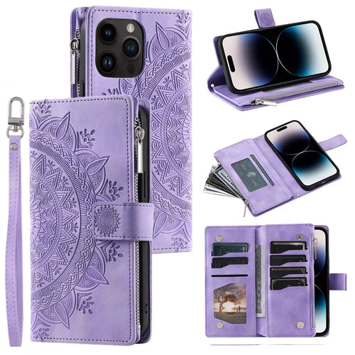 006 For iPhone 16 Pro Case Mandala Flower Zipper Pocket Leather Phone Cover - Purple - 1