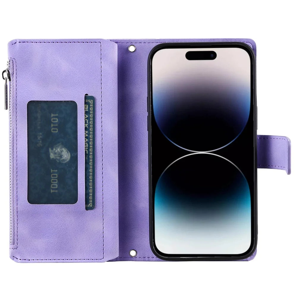 006 For iPhone 16 Pro Case Mandala Flower Zipper Pocket Leather Phone Cover - Purple - 2