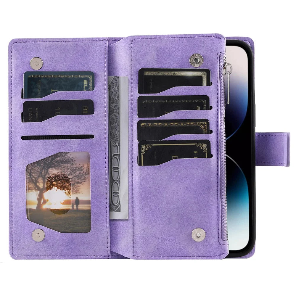 006 For iPhone 16 Pro Case Mandala Flower Zipper Pocket Leather Phone Cover - Purple - 3