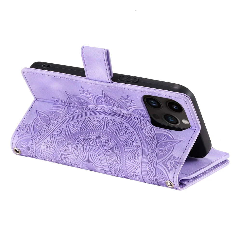 006 For iPhone 16 Pro Case Mandala Flower Zipper Pocket Leather Phone Cover - Purple - 4