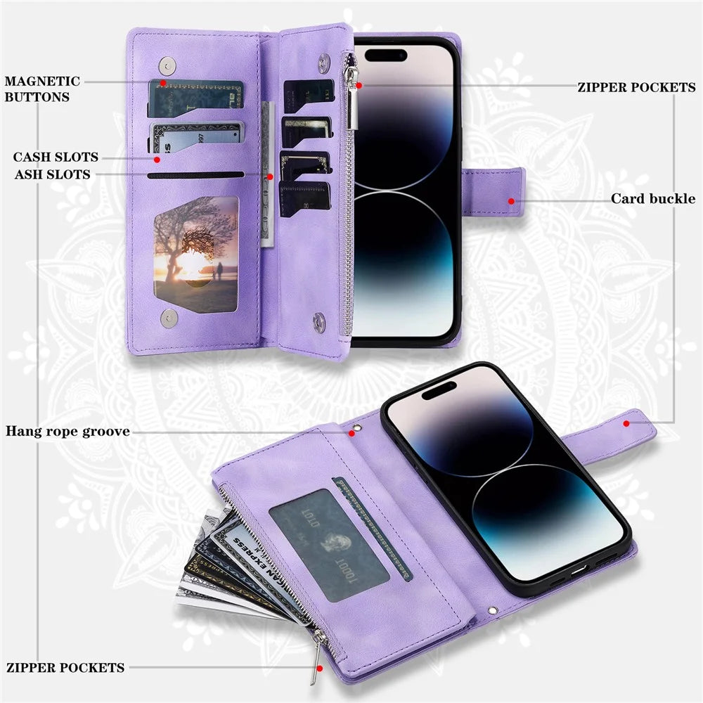 006 For iPhone 16 Pro Case Mandala Flower Zipper Pocket Leather Phone Cover - Purple - 5