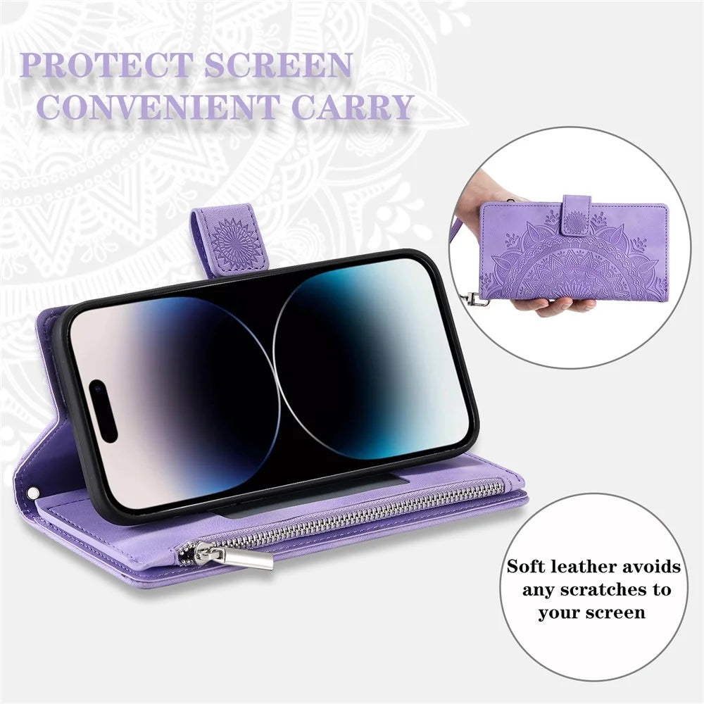 006 For iPhone 16 Pro Case Mandala Flower Zipper Pocket Leather Phone Cover - Purple - 6