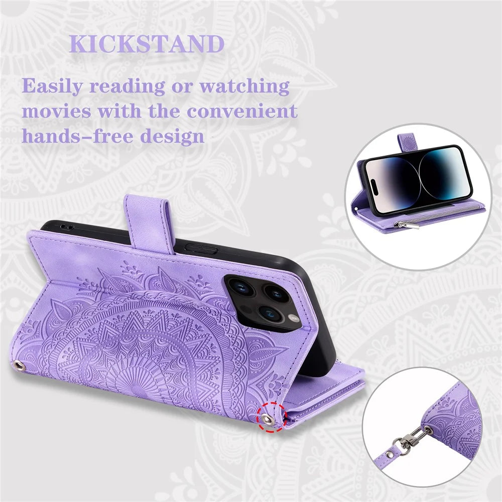 006 For iPhone 16 Pro Case Mandala Flower Zipper Pocket Leather Phone Cover - Purple - 7