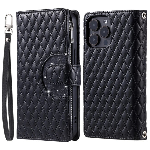 Style 012 for iPhone 16 Pro Case Zipper Wallet PU Leather Rhombus Grid Phone Cover - Black - 1