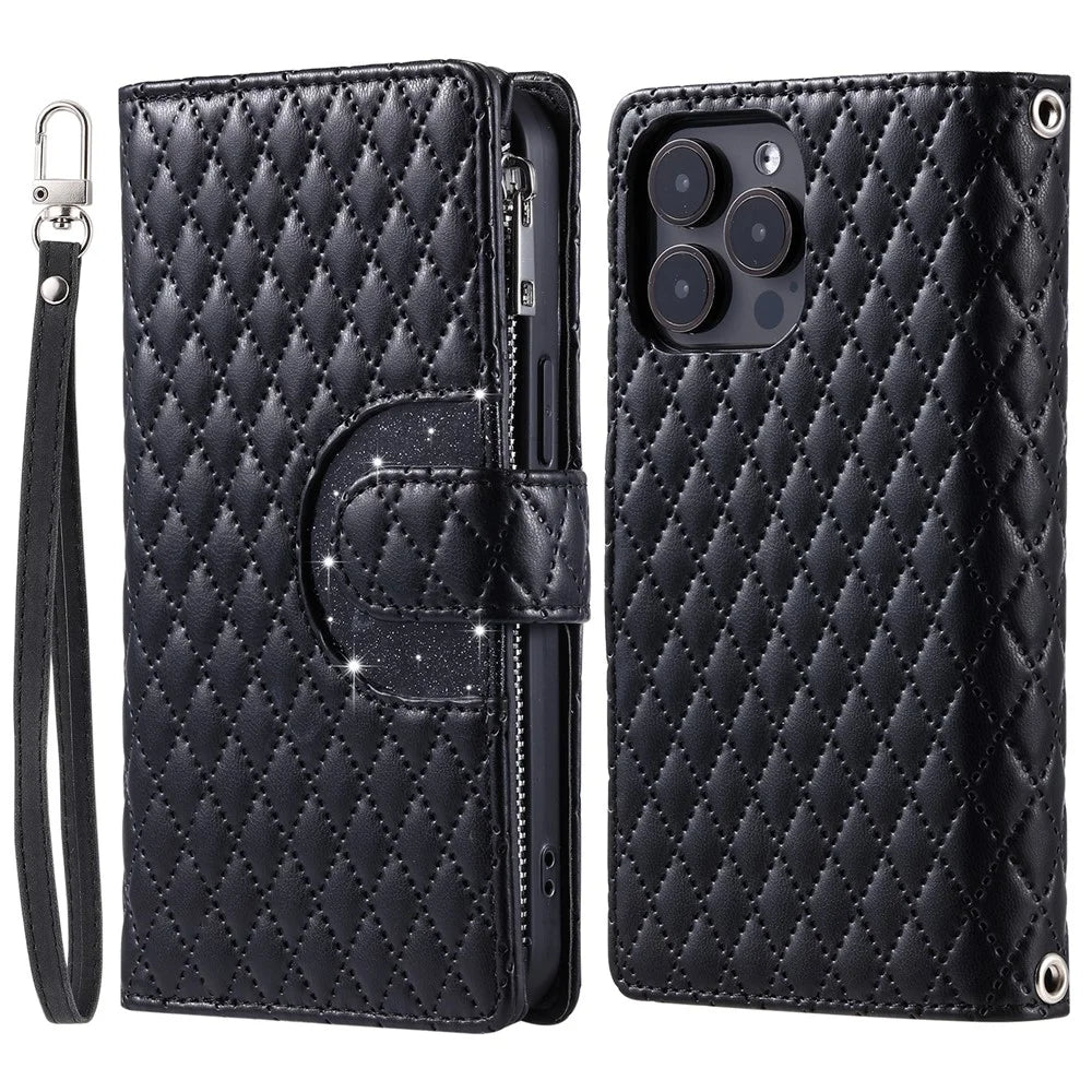 Style 012 for iPhone 16 Pro Case Zipper Wallet PU Leather Rhombus Grid Phone Cover - Black - 1