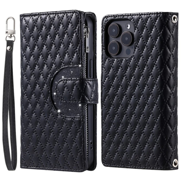 Style 012 for iPhone 16 Pro Case Zipper Wallet PU Leather Rhombus Grid Phone Cover - Black - 1
