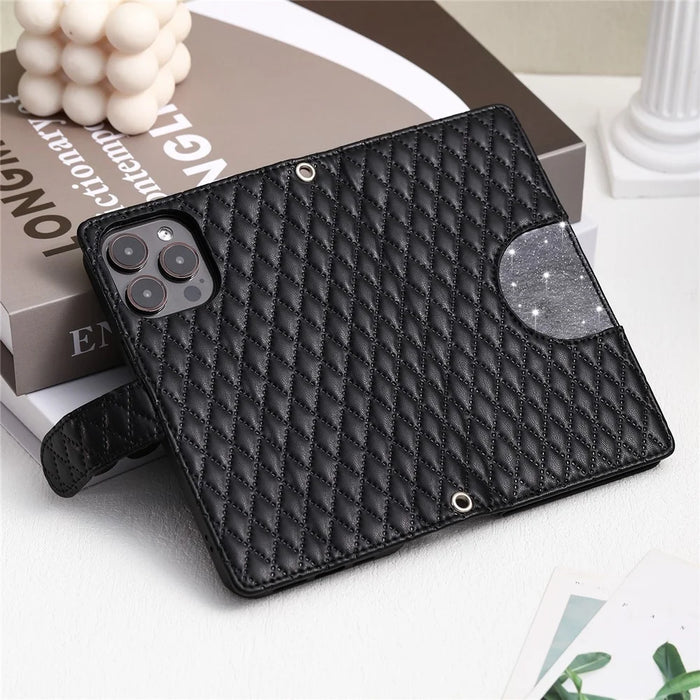 Style 012 for iPhone 16 Pro Case Zipper Wallet PU Leather Rhombus Grid Phone Cover - Black - 6