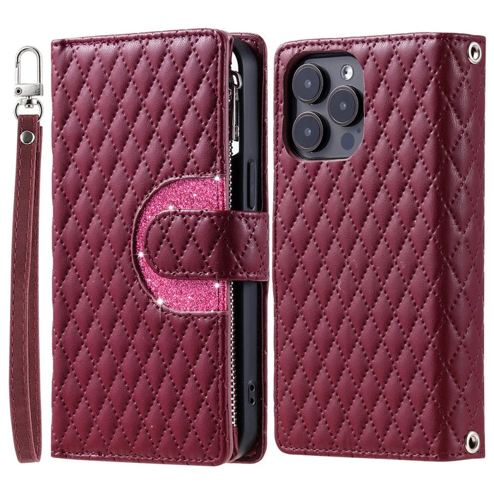 Style 012 for iPhone 16 Pro Max Case Zipper Pocket Glitter Leather Phone Cover - Wine Red - 1