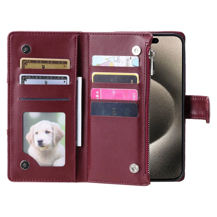 Style 012 for iPhone 16 Pro Max Case Zipper Pocket Glitter Leather Phone Cover - Wine Red - 2