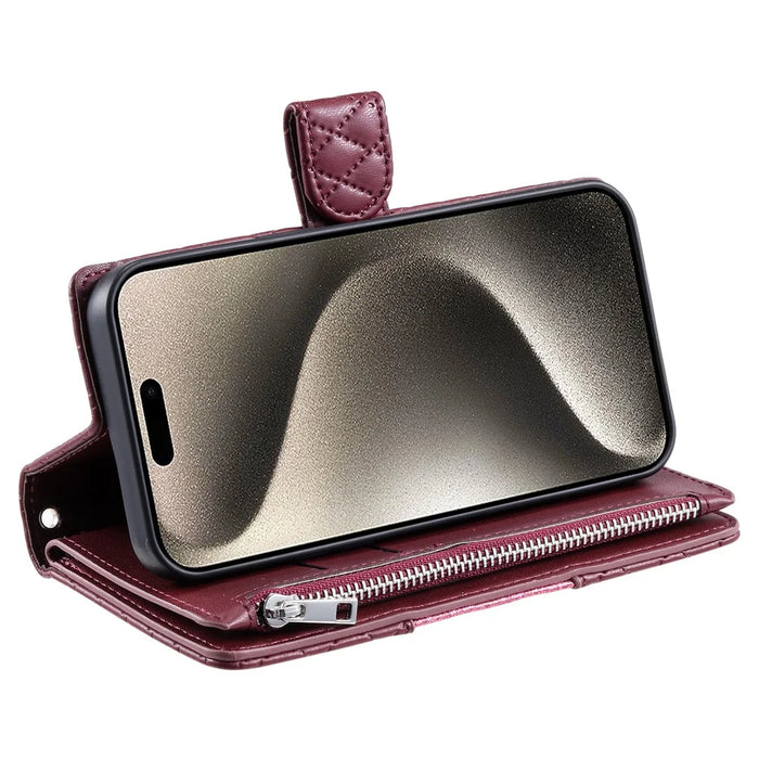 Style 012 for iPhone 16 Pro Max Case Zipper Pocket Glitter Leather Phone Cover - Wine Red - 3