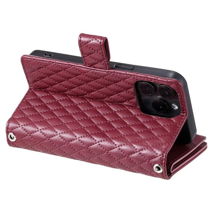 Style 012 for iPhone 16 Pro Max Case Zipper Pocket Glitter Leather Phone Cover - Wine Red - 4