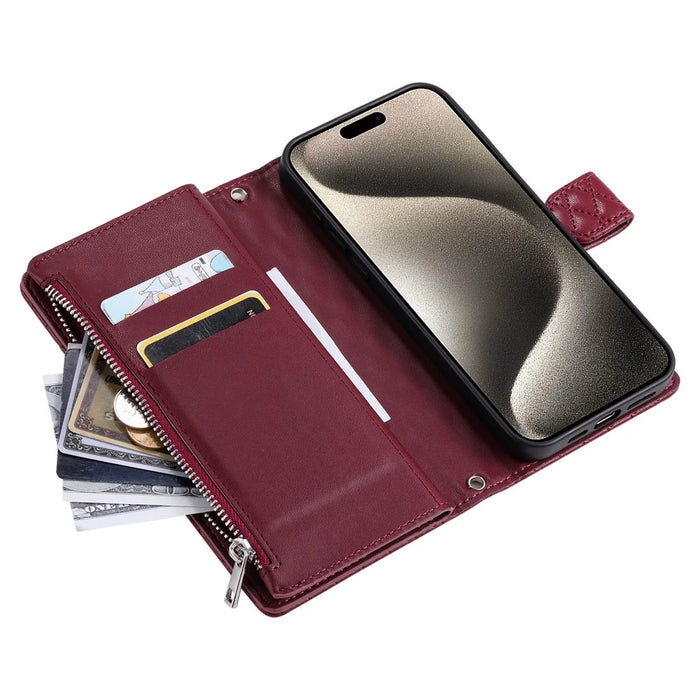 Style 012 for iPhone 16 Pro Max Case Zipper Pocket Glitter Leather Phone Cover - Wine Red - 5