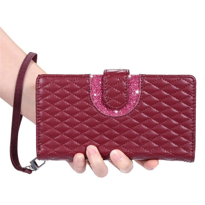 Style 012 for iPhone 16 Pro Max Case Zipper Pocket Glitter Leather Phone Cover - Wine Red - 6
