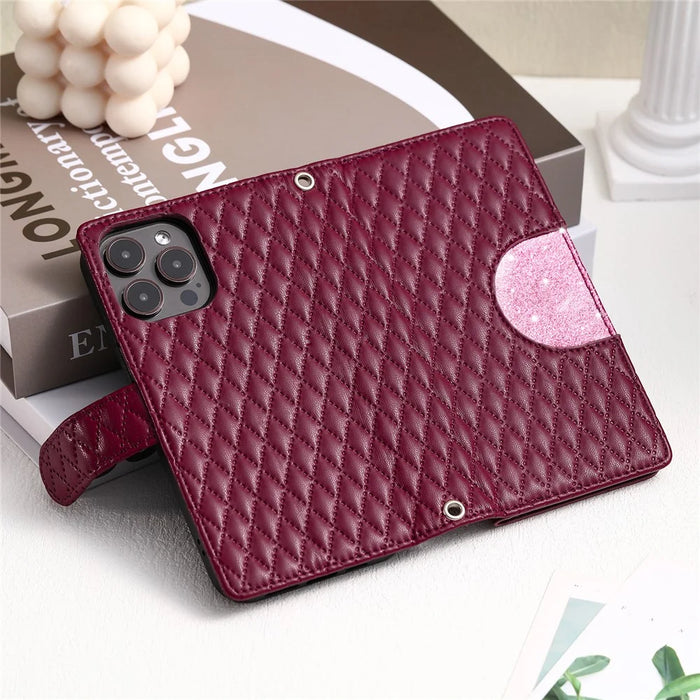 Style 012 for iPhone 16 Pro Max Case Zipper Pocket Glitter Leather Phone Cover - Wine Red - 7