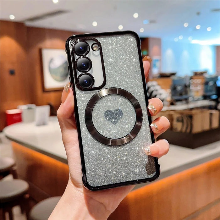 For Samsung Galaxy S23+ Magnetic Case TPU Gradient Glitter Love Heart Phone Cover - Black - 1