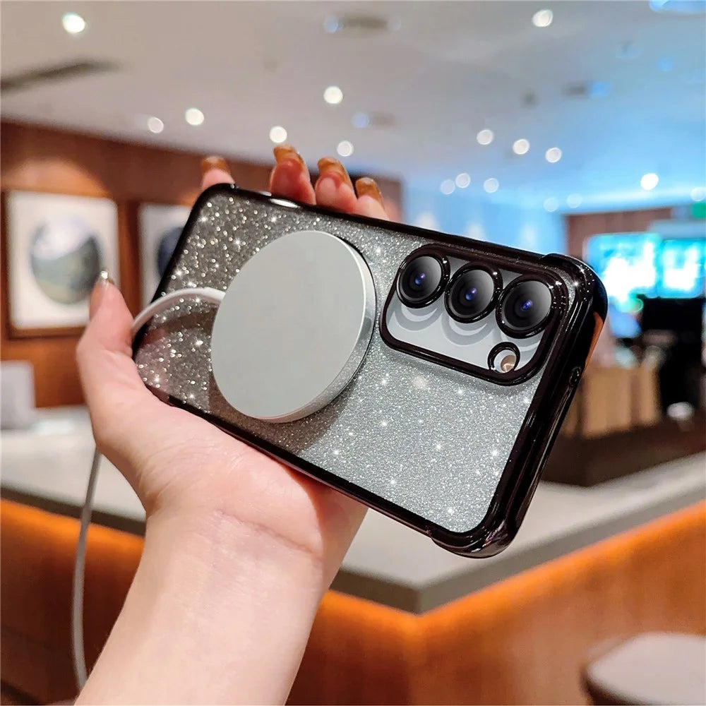 For Samsung Galaxy S23 Case Clear Magnetic Glitter TPU Phone Cover Love Heart Electroplating - Black - 4