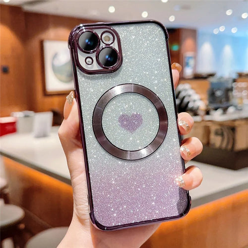 For iPhone 14 Case Compatible with MagSafe Electroplating TPU Phone Cover Aesthetic Glitter Love Heart - Dark Purple - 1