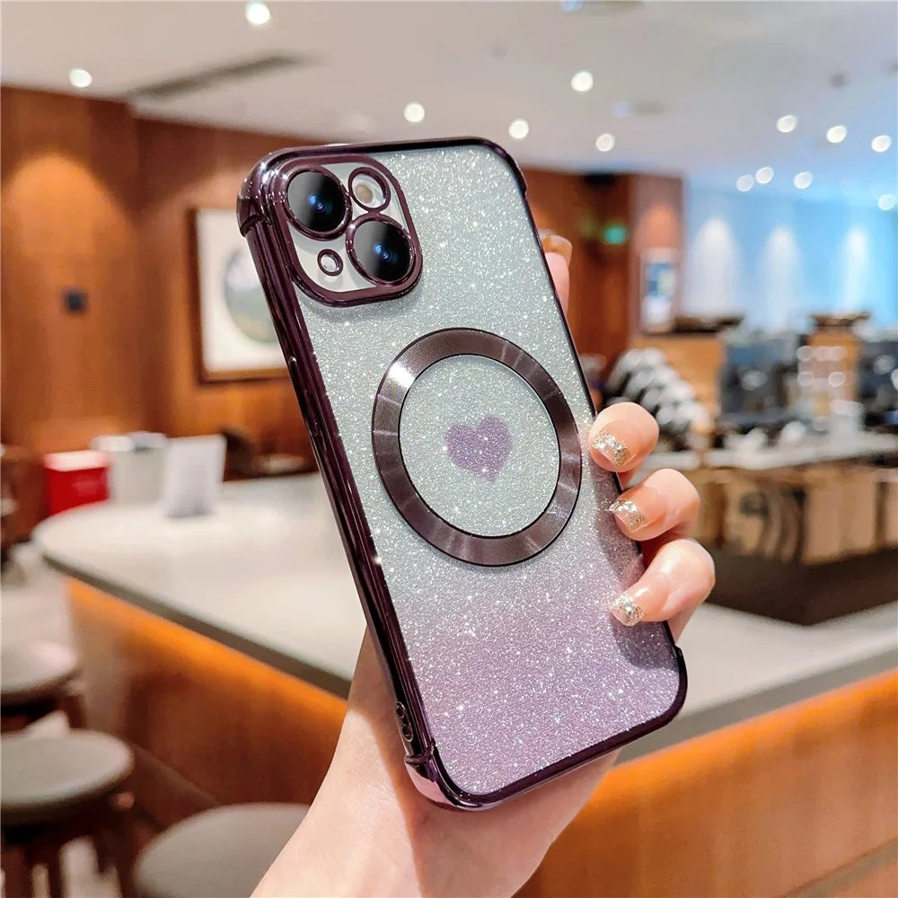 For iPhone 14 Case Compatible with MagSafe Electroplating TPU Phone Cover Aesthetic Glitter Love Heart - Dark Purple - 2
