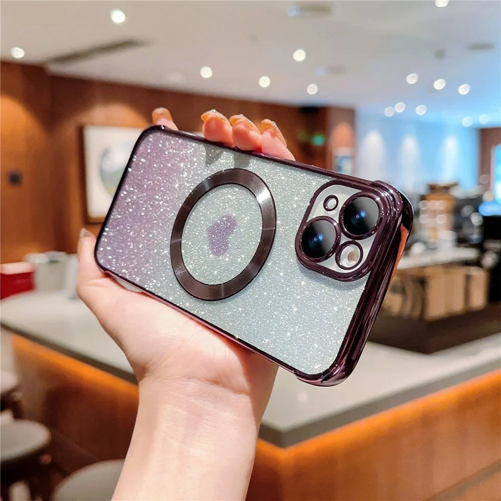 For iPhone 14 Case Compatible with MagSafe Electroplating TPU Phone Cover Aesthetic Glitter Love Heart - Dark Purple - 3