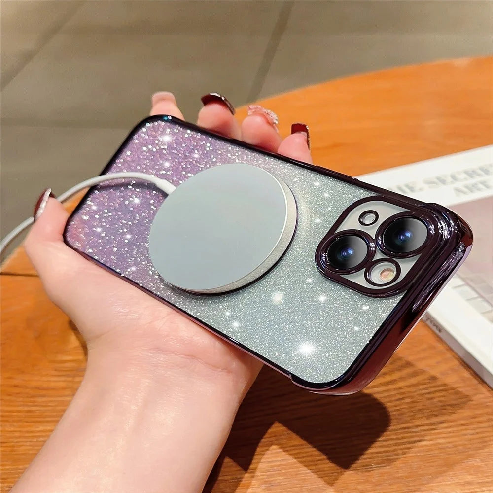 For iPhone 14 Case Compatible with MagSafe Electroplating TPU Phone Cover Aesthetic Glitter Love Heart - Dark Purple - 4