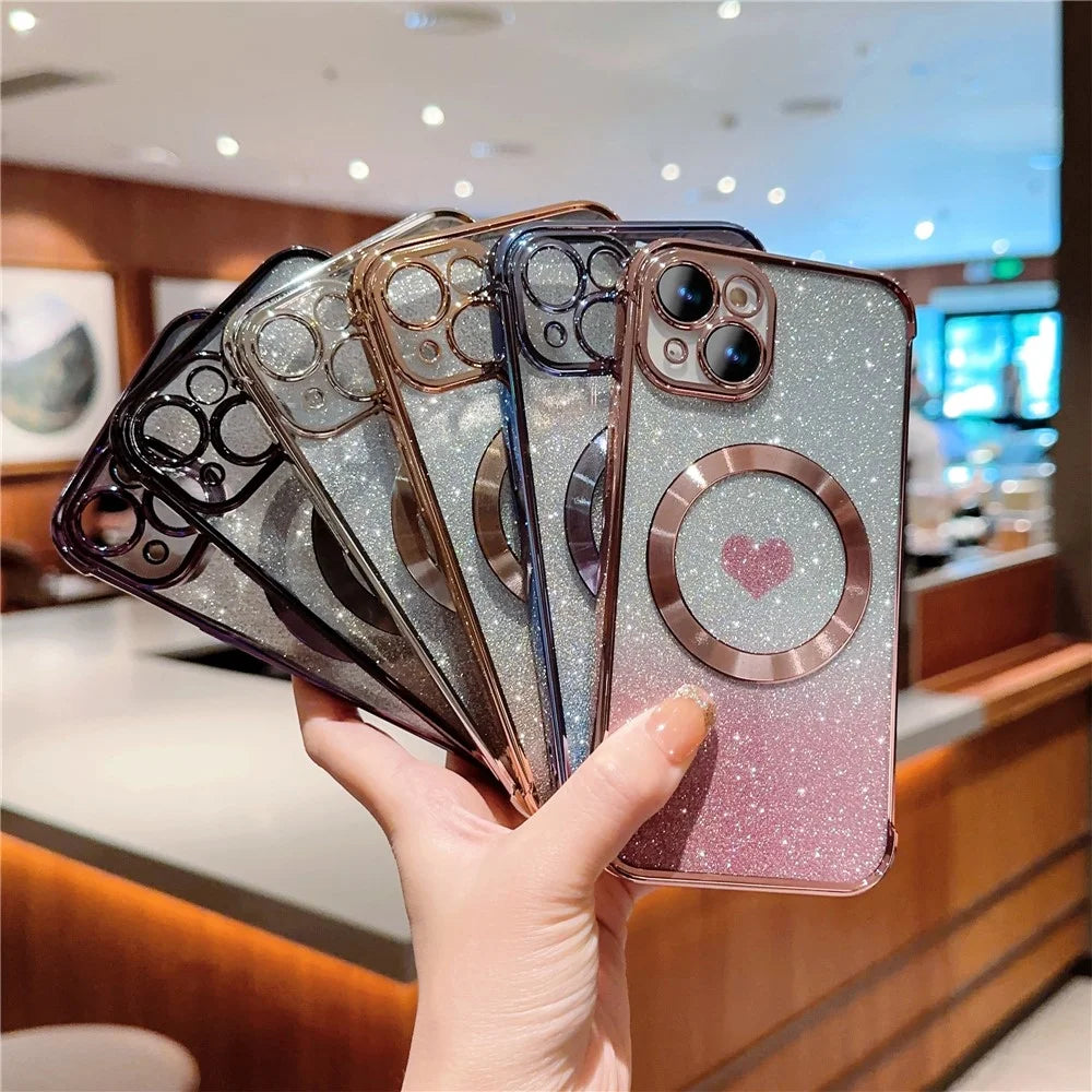 For iPhone 14 Case Compatible with MagSafe Electroplating TPU Phone Cover Aesthetic Glitter Love Heart - Dark Purple - 5