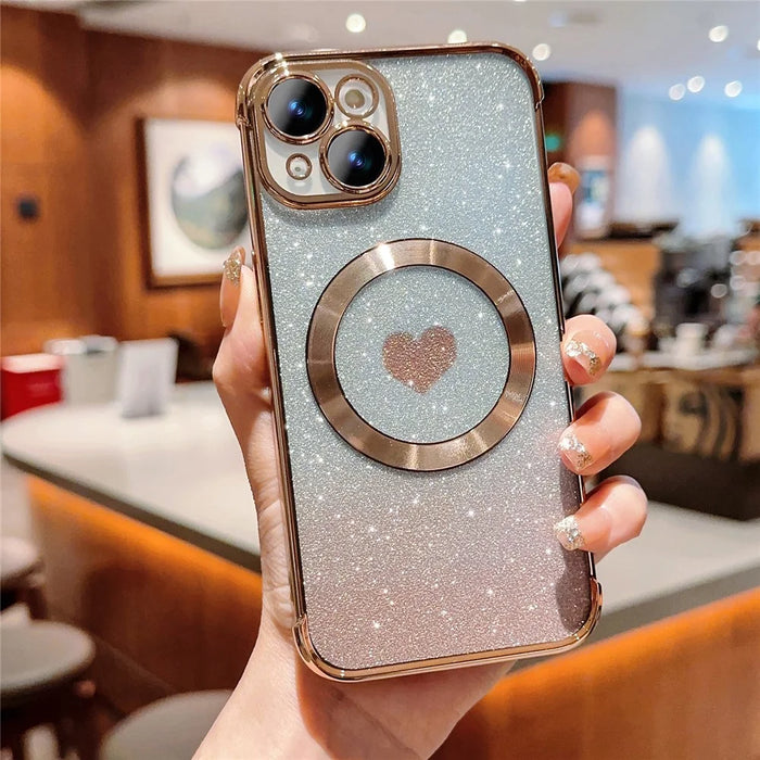 For iPhone 15 Case Compatible with MagSafe Gradient Love Heart Electroplating TPU Phone Cover - Gold - 1
