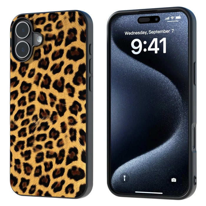 ABEEL For iPhone 16 Case PU Leather Coated TPU Leopard Phone Cover - Gold - 1