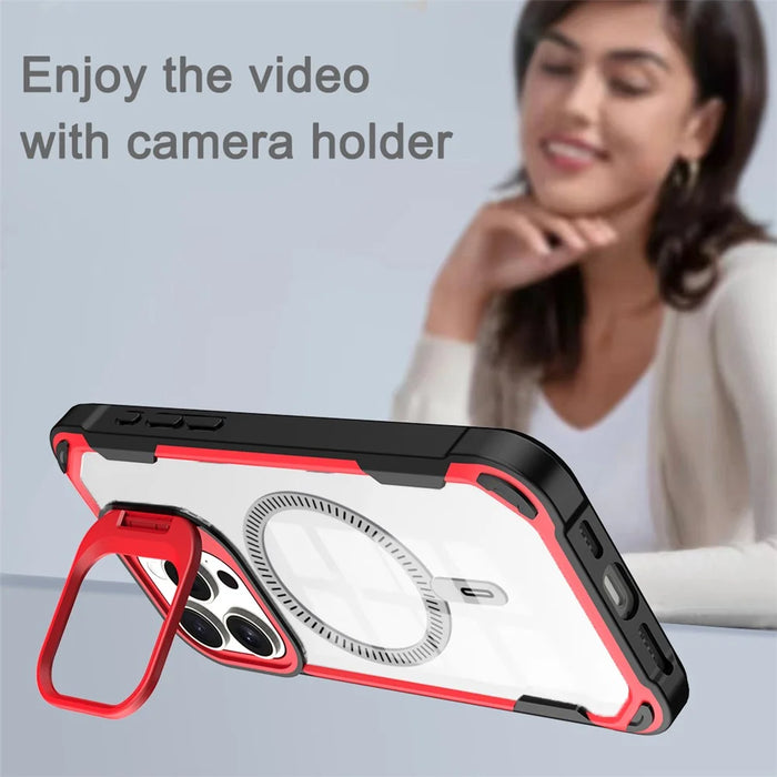 For iPhone 14 Pro Max Case PC+TPU+Acrylic Back Cover with Lens Kickstand Compatible with MagSafe - Red - 5