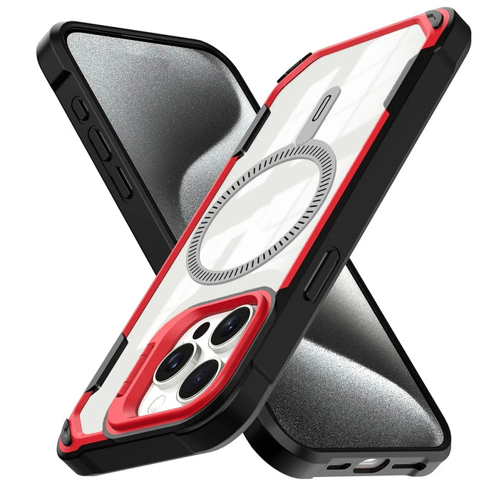 For iPhone 16 Pro Max Case PC+TPU+Acrylic Back Cover with Lens Kickstand Compatible with MagSafe - Red - 2