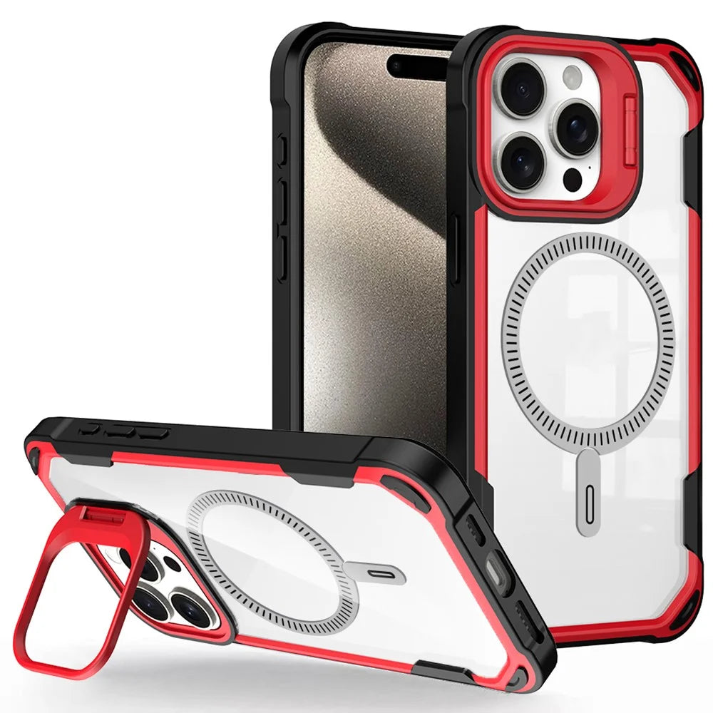 For iPhone 14 Pro Case PC+TPU+Acrylic Back Cover with Lens Kickstand Compatible with MagSafe - Red - 1
