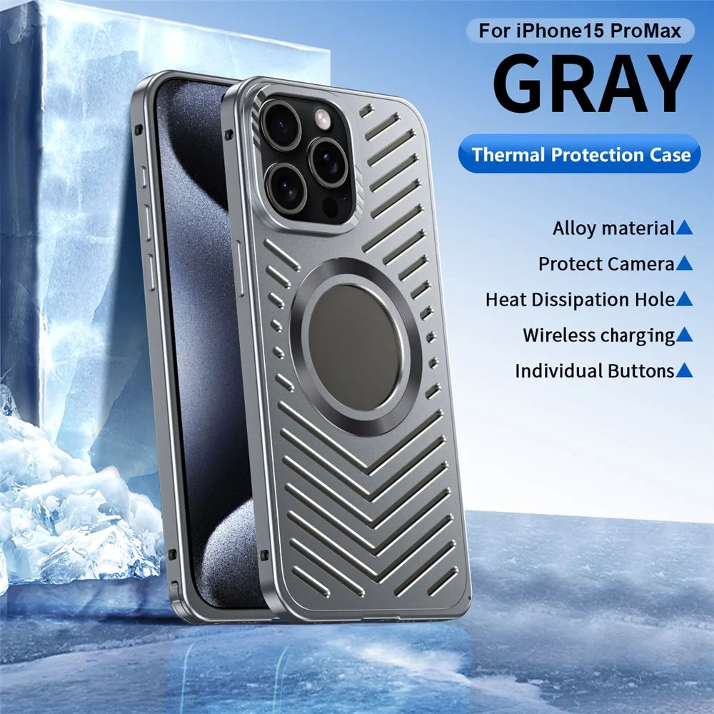 For iPhone 15 Pro Max Case Heat Dissipation Hollow Aluminium Alloy Phone Cover - Grey - 2