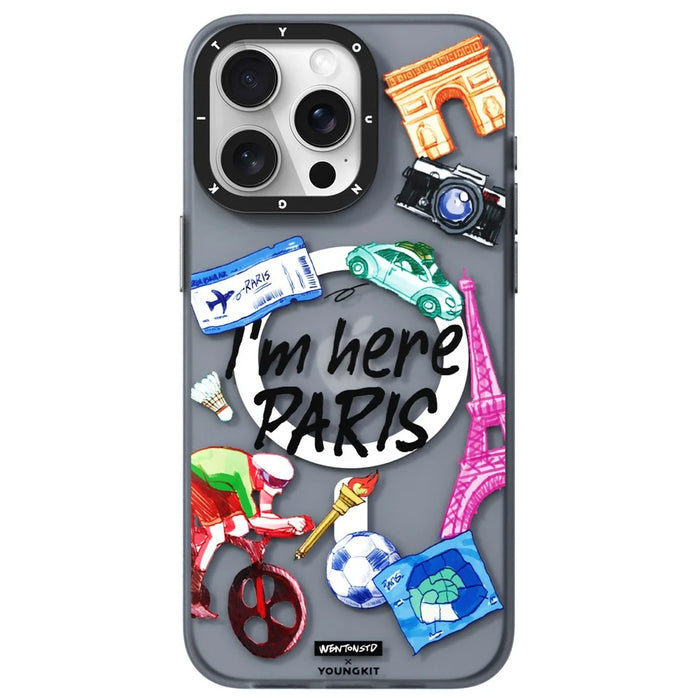 YOUNGKIT I'm Here Paris Series For iPhone 15 Pro Magnetic Case IMD Pattern PC+TPU Phone Cover - 1