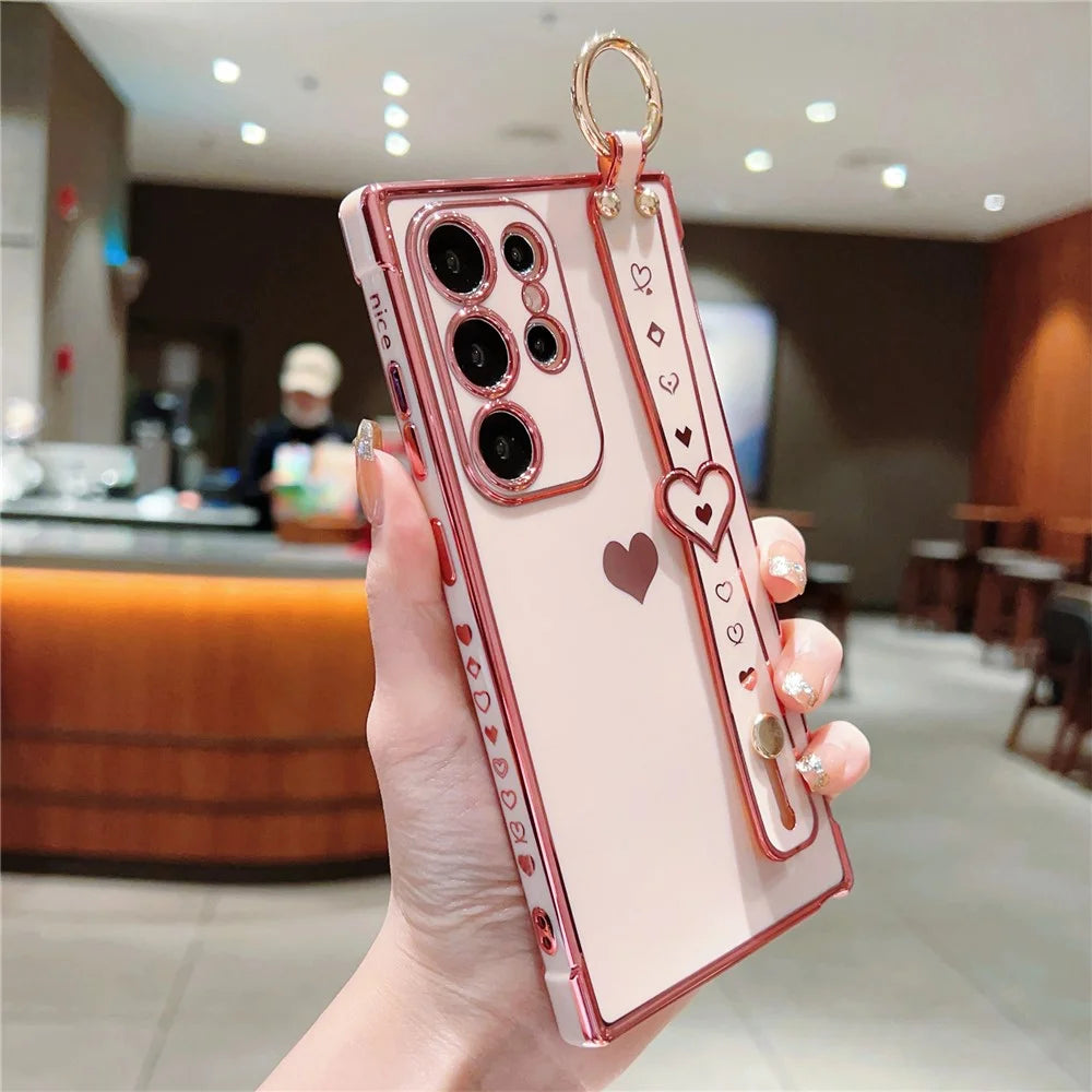 For Samsung Galaxy S22 Ultra 5G Case Love Heart Pattern TPU Phone Cover Wristband Finger Holder - Pink - 2