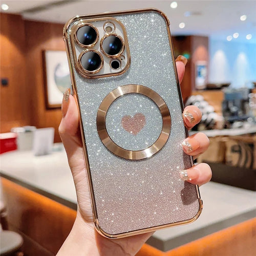 For iPhone 14 Pro Max Magnetic Case Gradient TPU Phone Cover with Cute Love Heart Pattern - Gold - 1