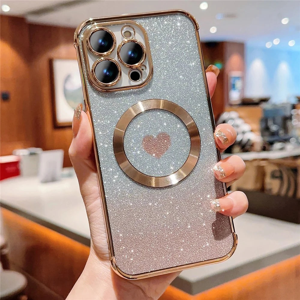 For iPhone 14 Pro Max Magnetic Case Gradient TPU Phone Cover with Cute Love Heart Pattern - Gold - 1