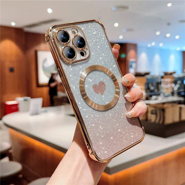 For iPhone 14 Pro Max Magnetic Case Gradient TPU Phone Cover with Cute Love Heart Pattern - Gold - 2