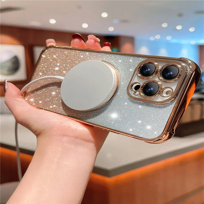 For iPhone 14 Pro Max Magnetic Case Gradient TPU Phone Cover with Cute Love Heart Pattern - Gold - 4