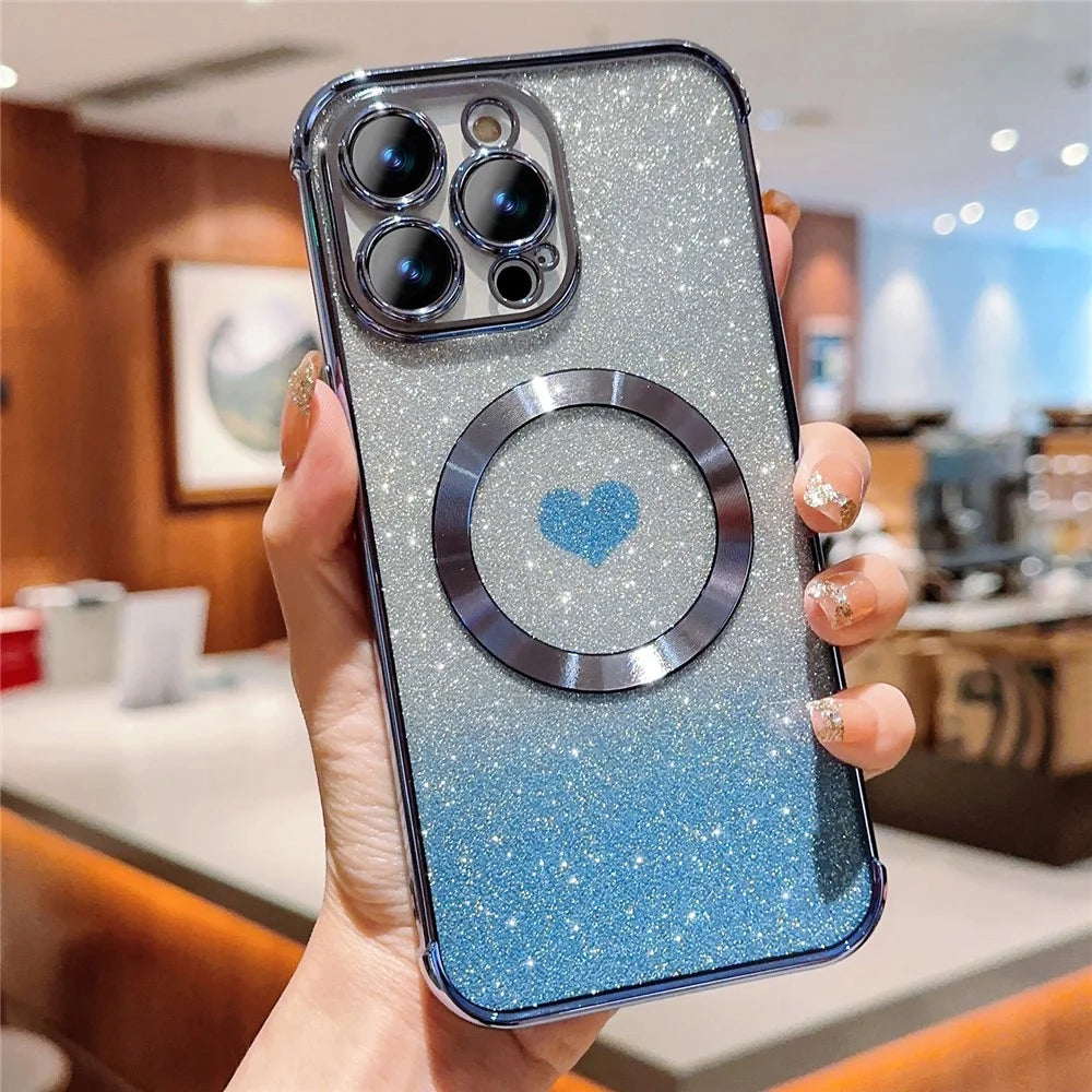 For iPhone 14 Pro Glitter Case Compatible with MagSafe TPU Phone Cover Love Heart Electroplating - Blue - 1