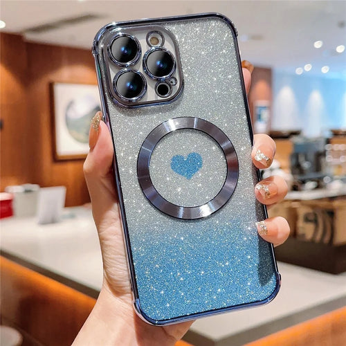 For iPhone 14 Pro Glitter Case Compatible with MagSafe TPU Phone Cover Love Heart Electroplating - Blue - 1