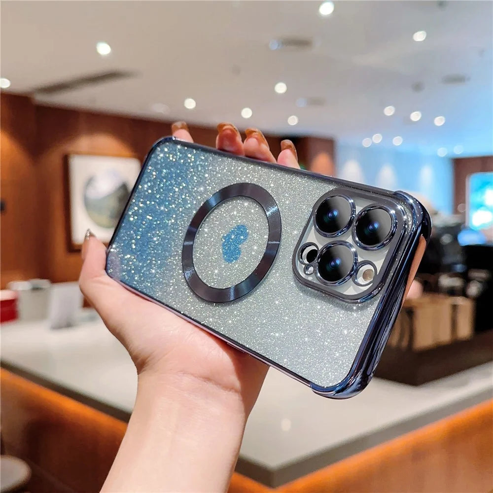 For iPhone 14 Pro Glitter Case Compatible with MagSafe TPU Phone Cover Love Heart Electroplating - Blue - 3