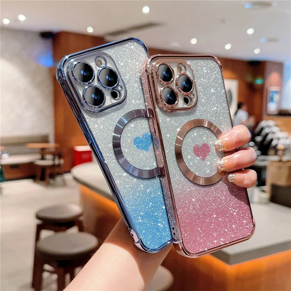 For iPhone 14 Pro Glitter Case Compatible with MagSafe TPU Phone Cover Love Heart Electroplating - Blue - 5